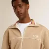 Hellbeiges Herren-Sweatshirt mit Reißverschluss und weißem Logo
