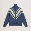 Hellblauer Jacquard-Wollpullover für Damen mit cremefarbenem Muster