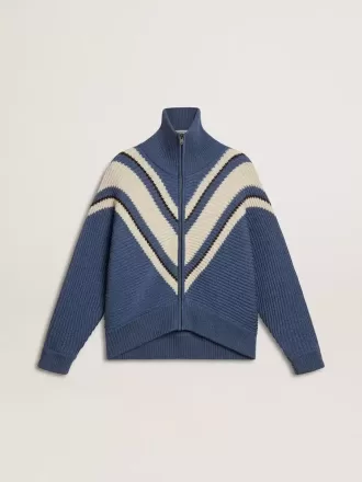 Hellblauer Jacquard-Wollpullover für Damen mit cremefarbenem Muster