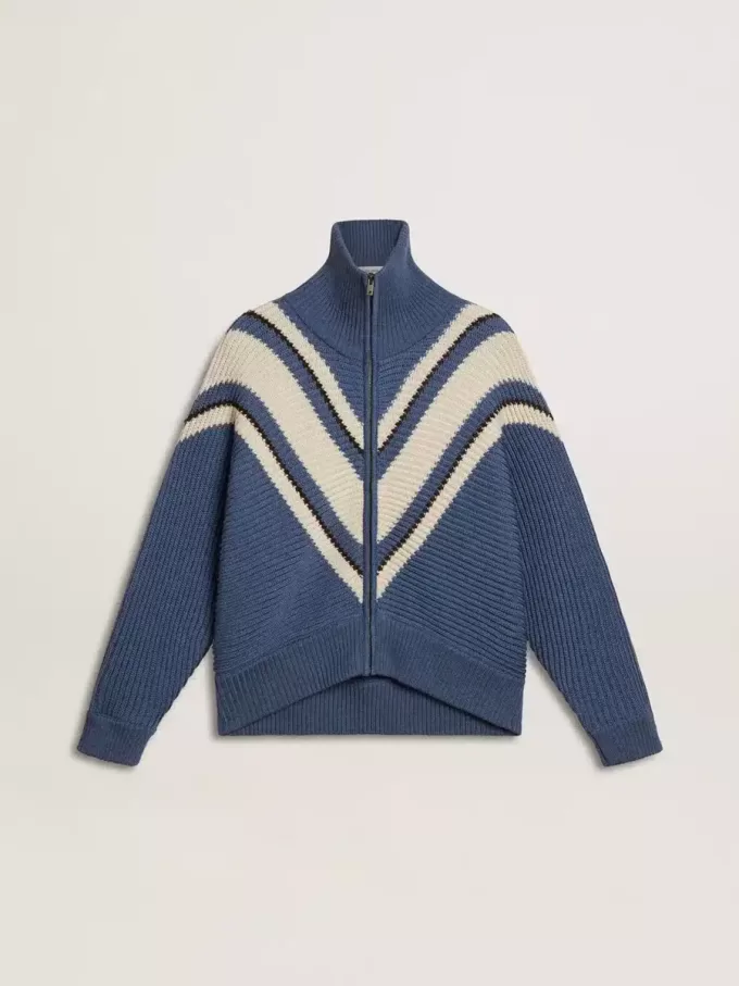 Hellblauer Jacquard-Wollpullover für Damen mit cremefarbenem Muster