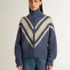 Hellblauer Jacquard-Wollpullover für Damen mit cremefarbenem Muster
