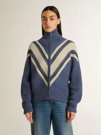 Hellblauer Jacquard-Wollpullover für Damen mit cremefarbenem Muster