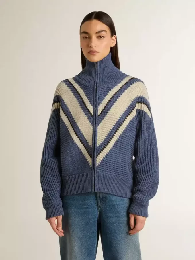 Hellblauer Jacquard-Wollpullover für Damen mit cremefarbenem Muster