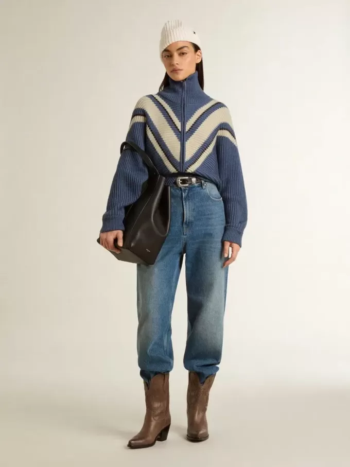 Hellblauer Jacquard-Wollpullover für Damen mit cremefarbenem Muster