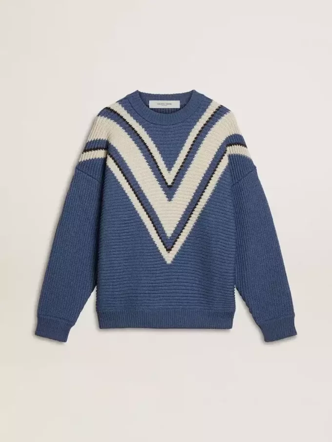 Hellblauer Jacquard-Wollpullover für Herren mit cremefarbenem Muster