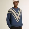 Hellblauer Jacquard-Wollpullover für Herren mit cremefarbenem Muster