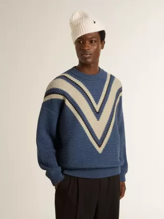 Hellblauer Jacquard-Wollpullover für Herren mit cremefarbenem Muster