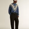 Hellblauer Jacquard-Wollpullover für Herren mit cremefarbenem Muster