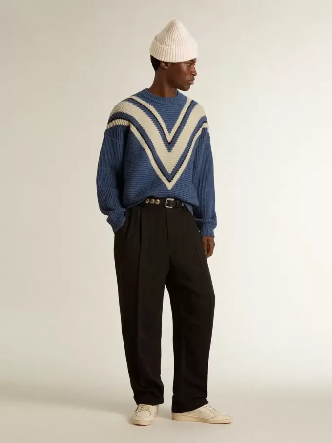 Hellblauer Jacquard-Wollpullover für Herren mit cremefarbenem Muster