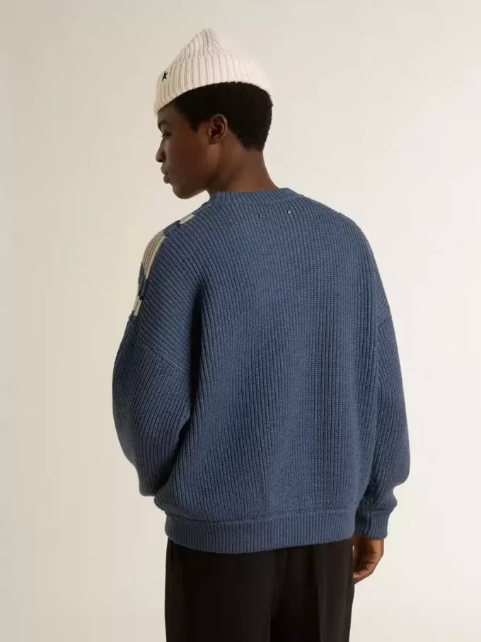 Hellblauer Jacquard-Wollpullover für Herren mit cremefarbenem Muster