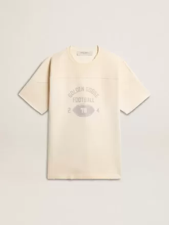 Herren-Baumwoll-T-Shirt in Vintage-Weiß mit offener Kante auf der Vorderseite