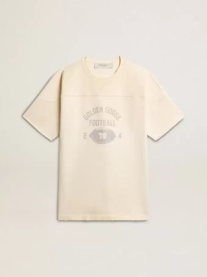Herren-Baumwoll-T-Shirt in Vintage-Weiß mit offener Kante auf der Vorderseite