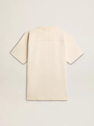 Herren-Baumwoll-T-Shirt in Vintage-Weiß mit offener Kante auf der Vorderseite