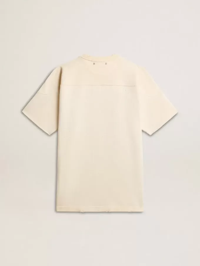 Herren-Baumwoll-T-Shirt in Vintage-Weiß mit offener Kante auf der Vorderseite