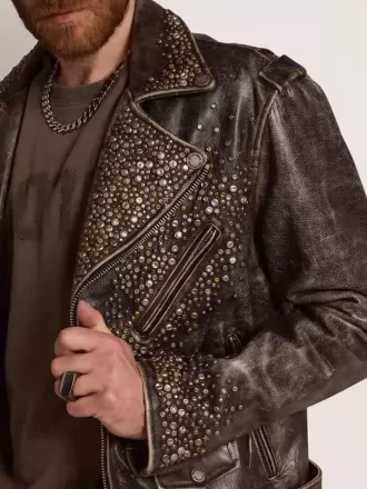 Herren-Bikerjacke aus Leder mit gehämmerten Nieten und Klebeband