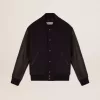 Herren-Bomberjacke aus dunkelblauer Wolle mit Lederärmeln Herren-Bomberjacke aus dunkelblauer Wolle mit Lederärmeln