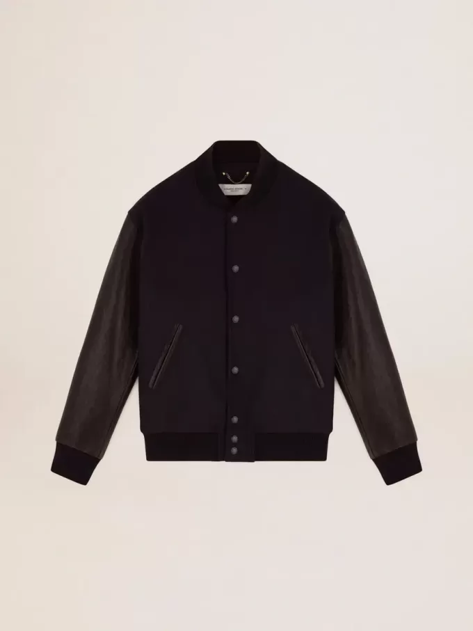 Herren-Bomberjacke aus dunkelblauer Wolle mit Lederärmeln Herren-Bomberjacke aus dunkelblauer Wolle mit Lederärmeln