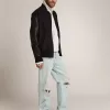 Herren-Bomberjacke aus dunkelblauer Wolle mit Lederärmeln Herren-Bomberjacke aus dunkelblauer Wolle mit Lederärmeln