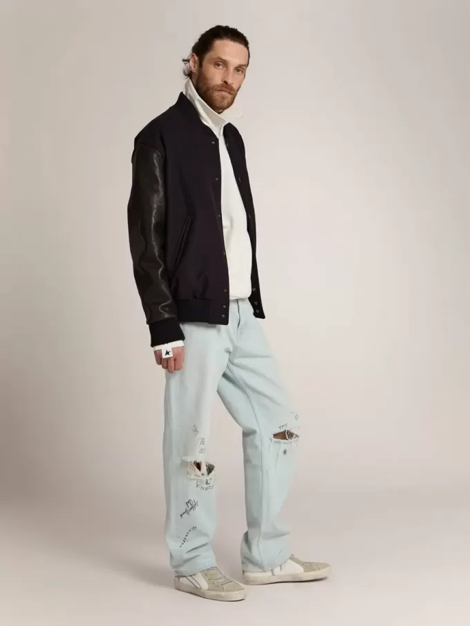 Herren-Bomberjacke aus dunkelblauer Wolle mit Lederärmeln Herren-Bomberjacke aus dunkelblauer Wolle mit Lederärmeln