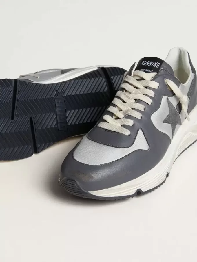 Herren-Laufsohle aus grauem Nylon und schwarzem Nappaleder mit schwarzem Wildlederstern