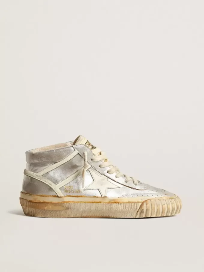 Herren-Mid Star aus silbermetallischem Leder mit elfenbeinfarbenem Stern