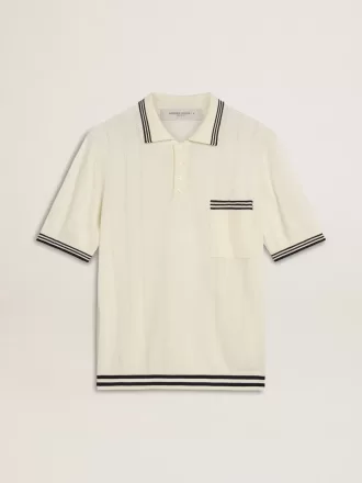 Herren-Polohemd in Used-Weiß mit blauen Rippbündchen