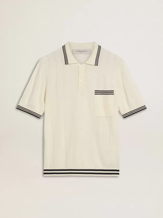 Herren-Polohemd in Used-Weiß mit blauen Rippbündchen