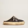 Herren-Sabot-Schuhe Space-Star aus gestepptem schwarzem Nylon mit Lammfellfutter