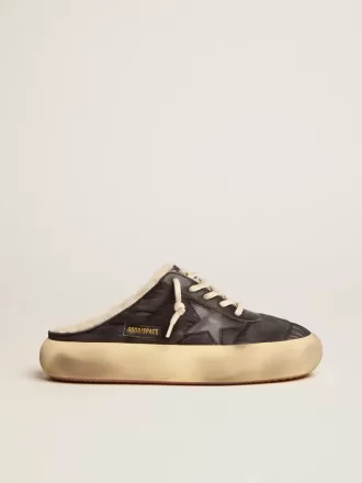 Herren-Sabot-Schuhe Space-Star aus gestepptem schwarzem Nylon mit Lammfellfutter