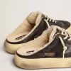 Herren-Sabot-Schuhe Space-Star aus gestepptem schwarzem Nylon mit Lammfellfutter
