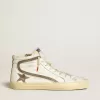 Herren-Slide LAB aus weißem Leder mit Stern und Blitz aus braunem Wildleder Herren-Slide LAB aus weißem Leder mit Stern und Blitz aus braunem Wildleder