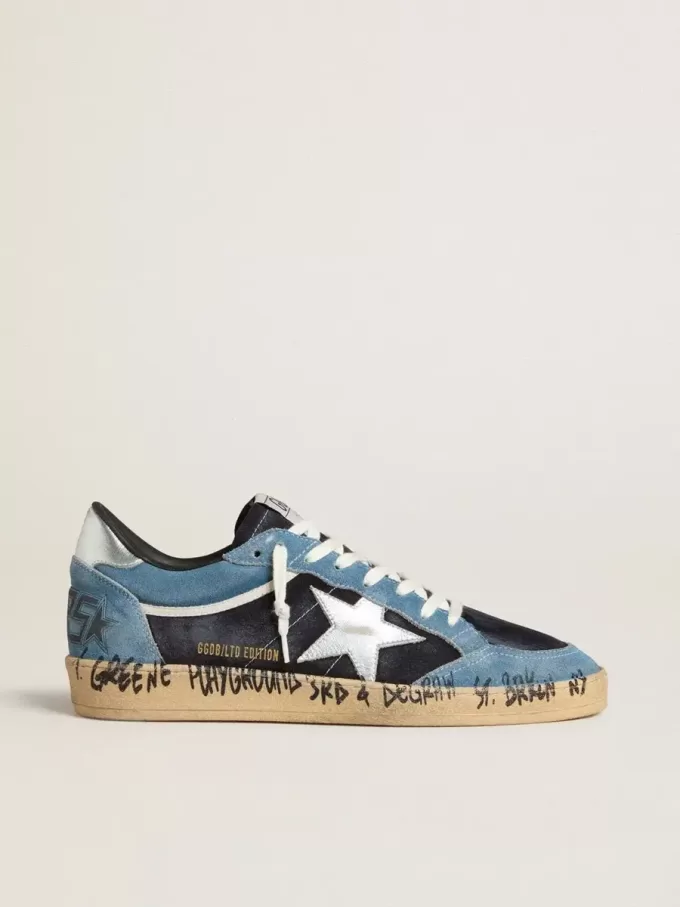 Herren-Sneaker „Ball Star” aus blauem Wildleder mit silbernem Lederstern und Fersenlasche
