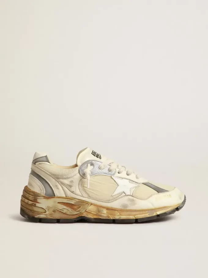 Herren-Sneaker Dad-Star aus beigem Nappaleder und Nylon mit weißem Lederstern