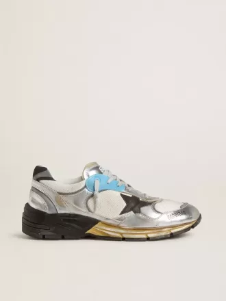 Herren-Sneaker Dad-Star aus Mesh und silberfarbenem Folienleder mit schwarzem Lederstern