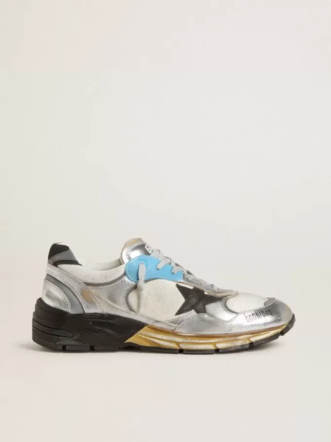 Herren-Sneaker Dad-Star aus Mesh und silberfarbenem Folienleder mit schwarzem Lederstern