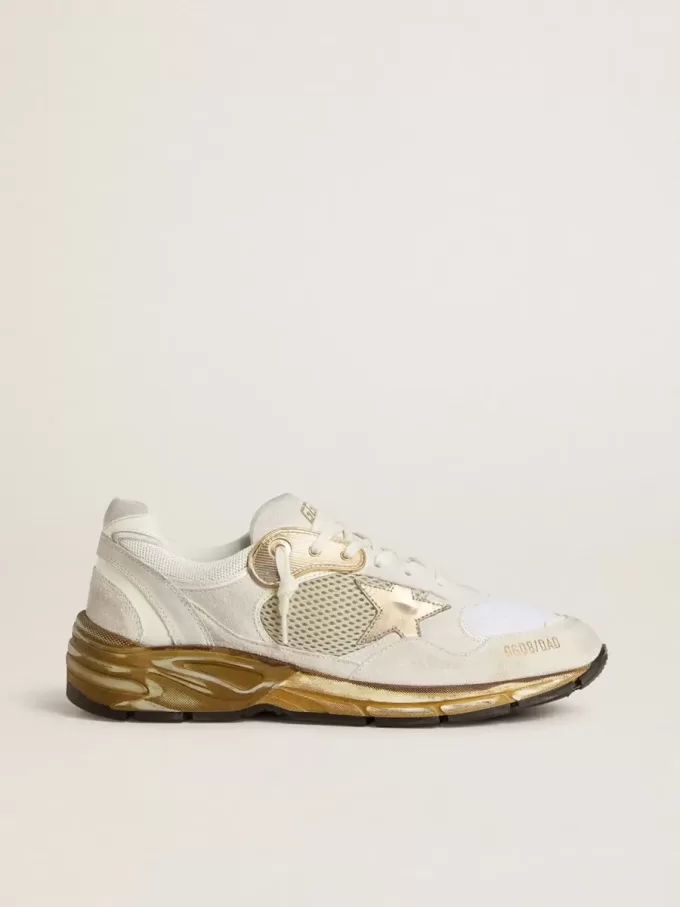 Herren-Sneaker Dad-Star aus Mesh und weißem Wildleder mit goldfolienbeschichtetem Lederstern