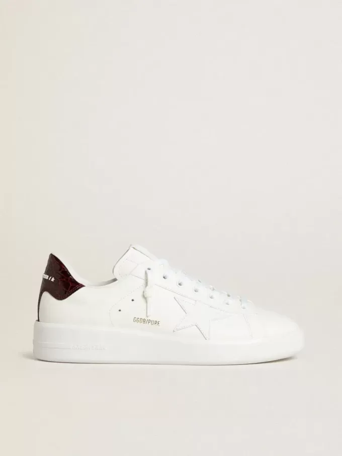Herren-Sneaker Purestar mit weißem Lederstern und burgunderrotem Fersenriemen aus Leder mit Krokodilprägung