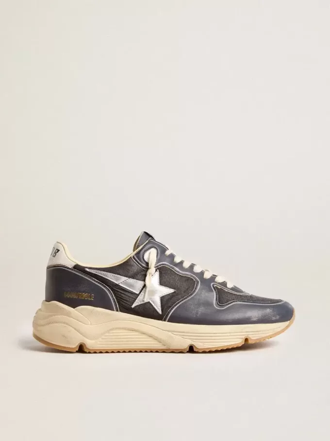Herren-Sneaker „Running Sole” aus dunkelblauem Nappaleder und schwarzem Nylon mit silbernem Stern