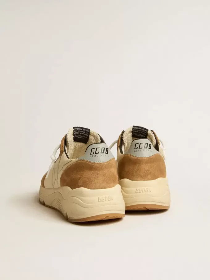 Herren-Sneaker „Running Sole” aus elfenbeinfarbenem Nylon und tabakfarbenem Wildleder