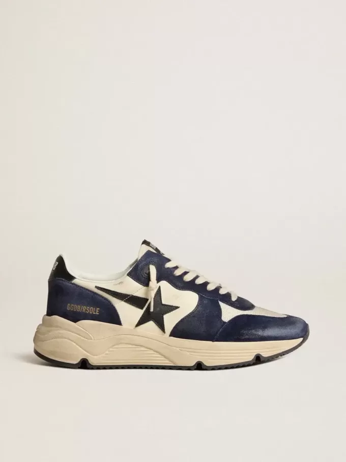 Herren-Sneaker „Running Sole” aus schwarzem und beigem Nappaleder mit schwarzem Stern und Fersenlasche
