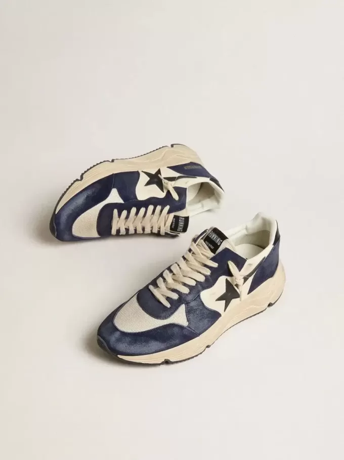 Herren-Sneaker „Running Sole” aus schwarzem und beigem Nappaleder mit schwarzem Stern und Fersenlasche