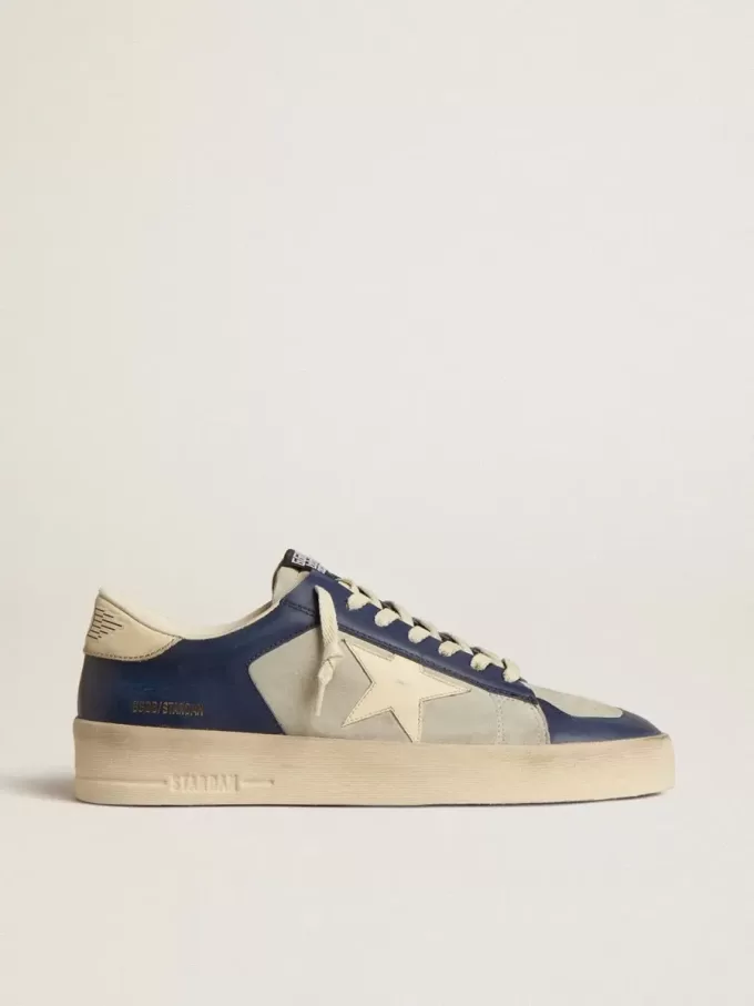 Herren-Sneaker Stardan aus grauem und blauem Leder mit cremefarbenem Stern und Fersenlasche