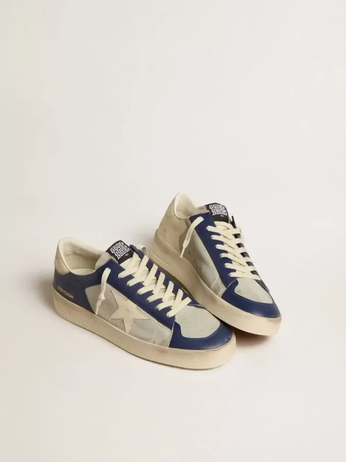 Herren-Sneaker Stardan aus grauem und blauem Leder mit cremefarbenem Stern und Fersenlasche