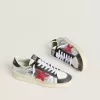 Herren-Sneaker „Stardan” aus laminiertem silbernem Nylon mit burgunderrotem Wildlederstern