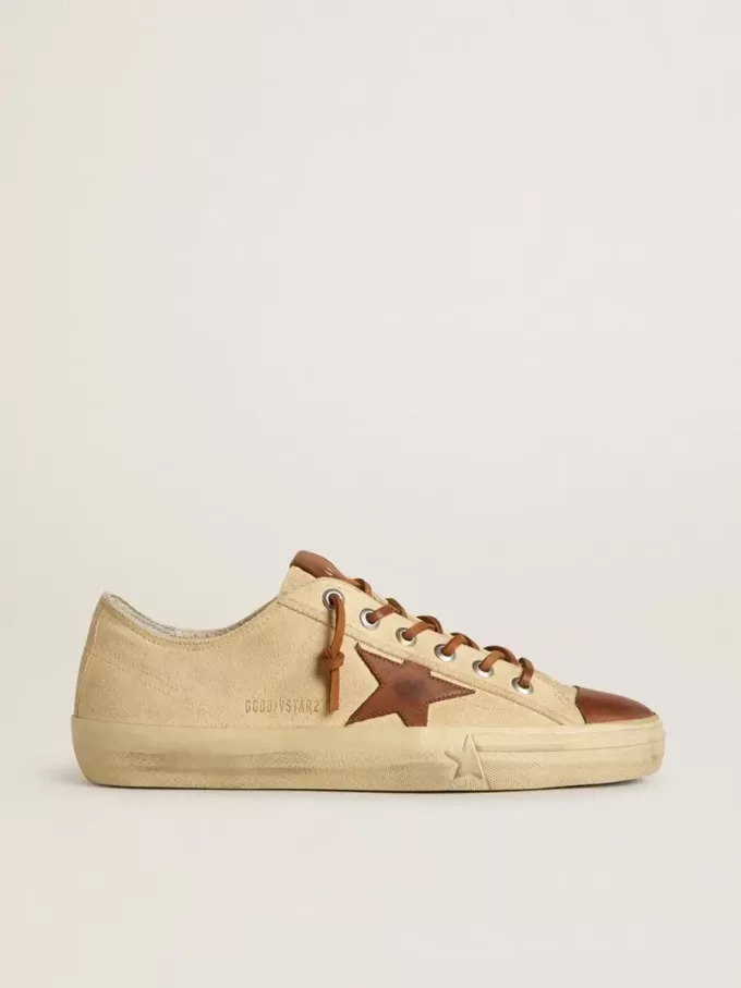 Herren-Sneaker V-Star aus cremefarbenem Canvas mit tabakfarbenem Lederstern