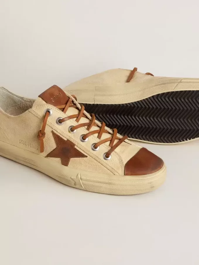 Herren-Sneaker V-Star aus cremefarbenem Canvas mit tabakfarbenem Lederstern