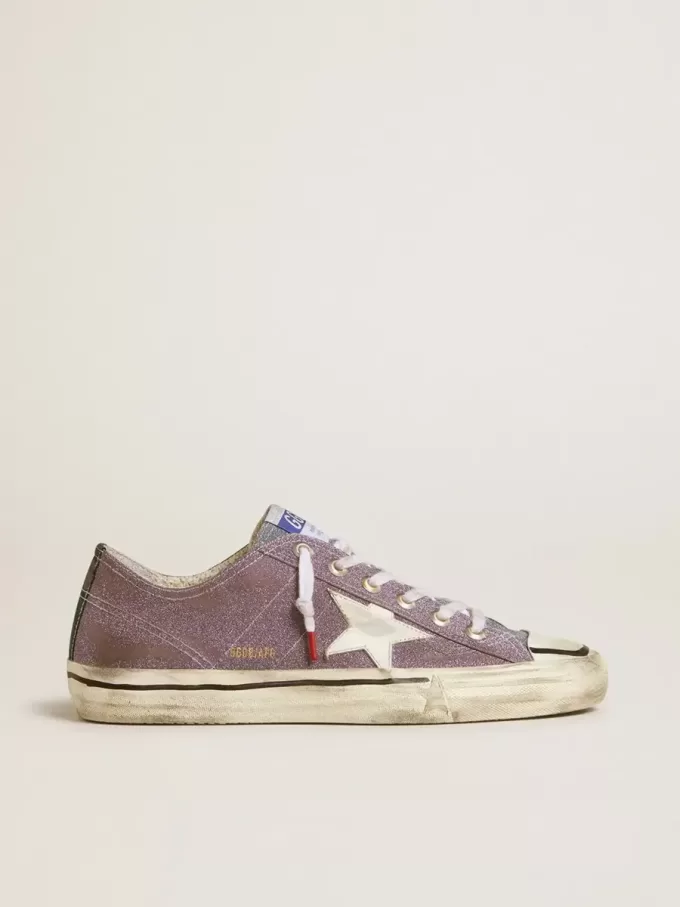 Herren-Sneaker V-Star LAB aus lila Leder und Glitzer mit weißem Stern und silberner Glitzerzunge