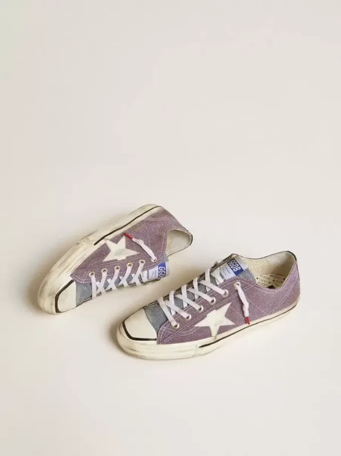 Herren-Sneaker V-Star LAB aus lila Leder und Glitzer mit weißem Stern und silberner Glitzerzunge