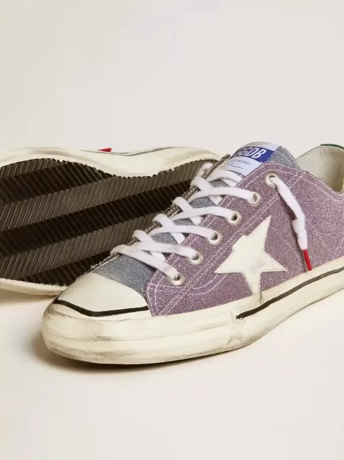 Herren-Sneaker V-Star LAB aus lila Leder und Glitzer mit weißem Stern und silberner Glitzerzunge