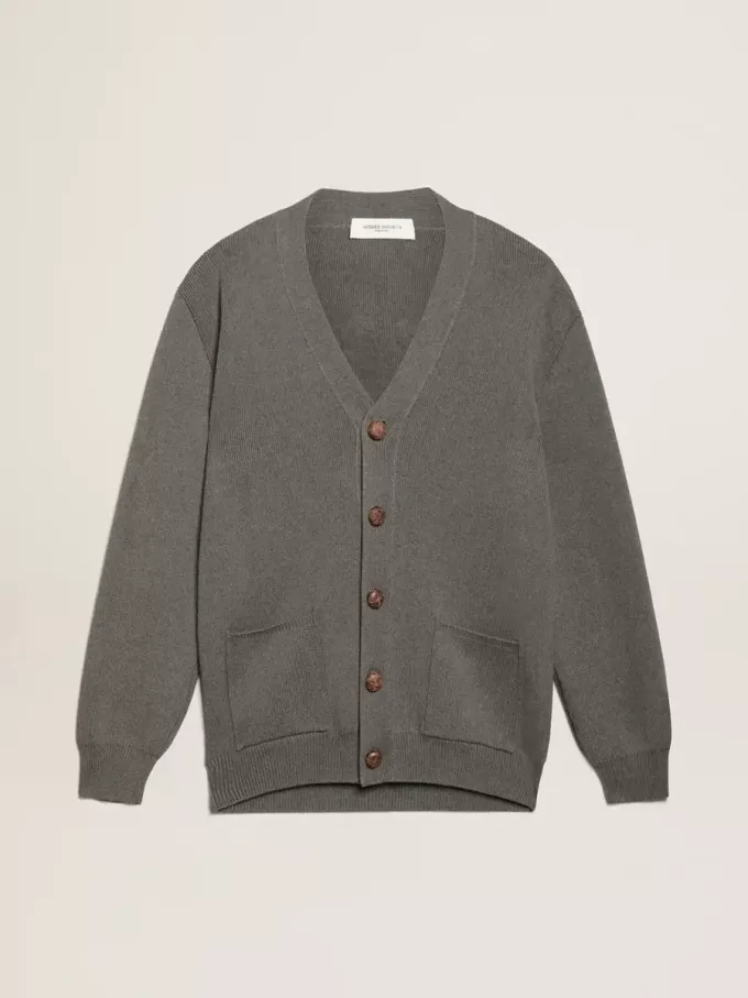 Herren-Strickjacke aus melierter grauer Baumwolle mit Logo auf der Rückseite